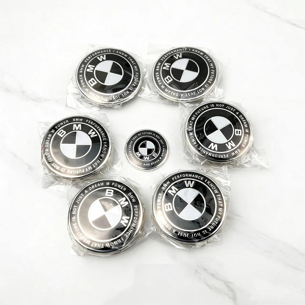 7pcs for BMW E36 E46 E53 E90 E60 E61 E93 E87 50th Car Hood Front Rear Trunk Emblem Wheel Center Hub Cap X1 X3 X5 F30 F20 G30