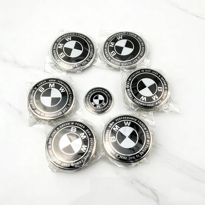 7pcs for BMW E36 E46 E53 E90 E60 E61 E93 E87 50th Car Hood Front Rear Trunk Emblem Wheel Center Hub Cap X1 X3 X5 F30 F20 G30
