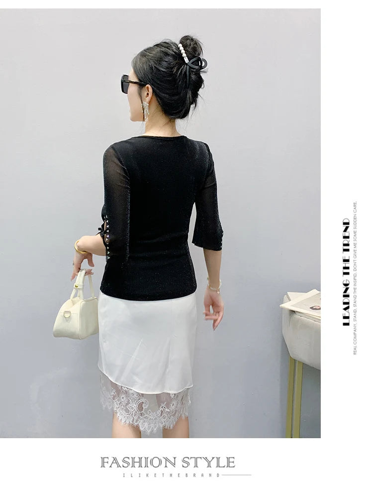2026 Spring Summer Mesh Tops Korean Fashion Diamond T Shirt Slim 3/4 Sleeve Hollow Out Casual Women Shirt