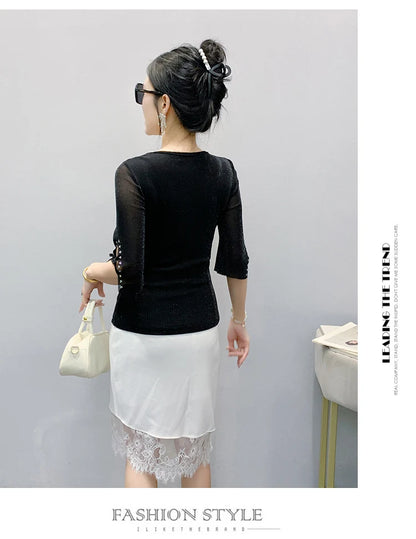 2026 Spring Summer Mesh Tops Korean Fashion Diamond T Shirt Slim 3/4 Sleeve Hollow Out Casual Women Shirt