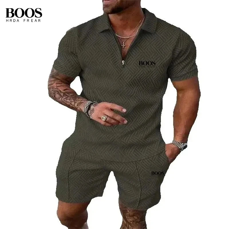 Summer Men's High-Quality Half Zipper Polo Shirt+Casual Shorts Set, Outdoor Sports and Leisure Beach Two-Piece Set