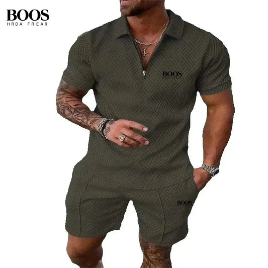 Summer Men's High-Quality Half Zipper Polo Shirt+Casual Shorts Set, Outdoor Sports and Leisure Beach Two-Piece Set