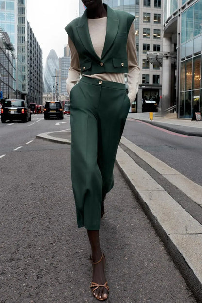 High Waist Wide Leg Pants Zipper Decoration Short Sleeve Turn-down Collar Single Pocket Decoration Fashion Set for Women