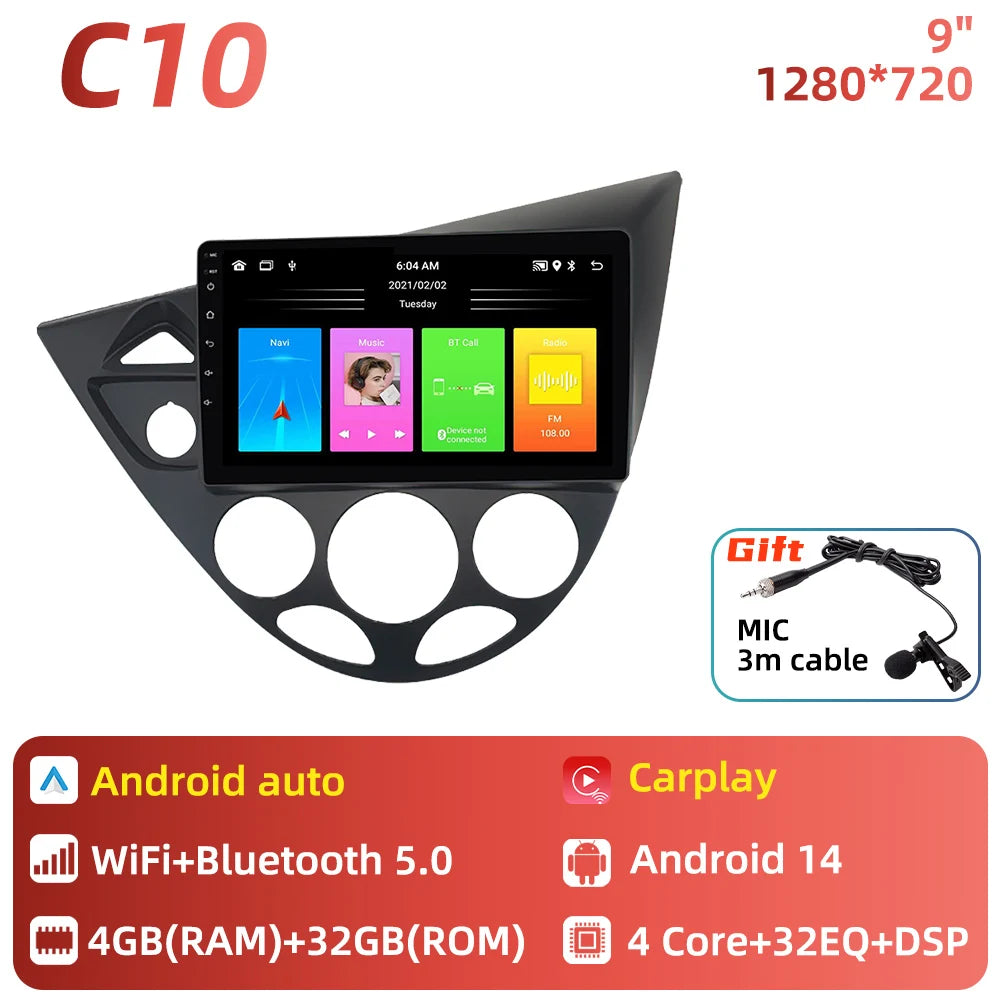 Car Multimedia for Ford Fiesta 1995 - 2001 Focus MK1 1998 - 2004 Car Radio GPS Navigation Android Stereo Carplay Auto 2 Din 4G