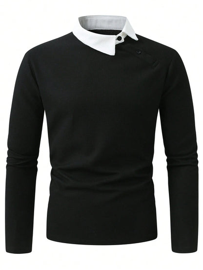 Men's light business vacation two-piece contrasting collared sweatshirt with spring and autumn waffle design casual long sleeved