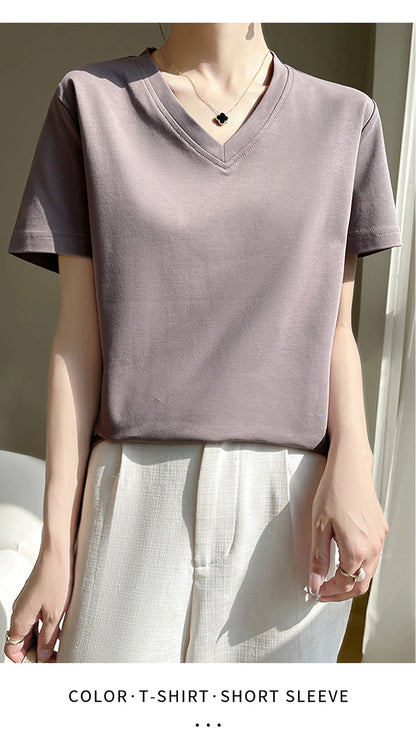 2026 Summer New Pure Cotton V-neck Short-sleeved T-shirt Women's Solid Color Joker Pullover Shirt with Loose Sleeve Bottom Shirt
