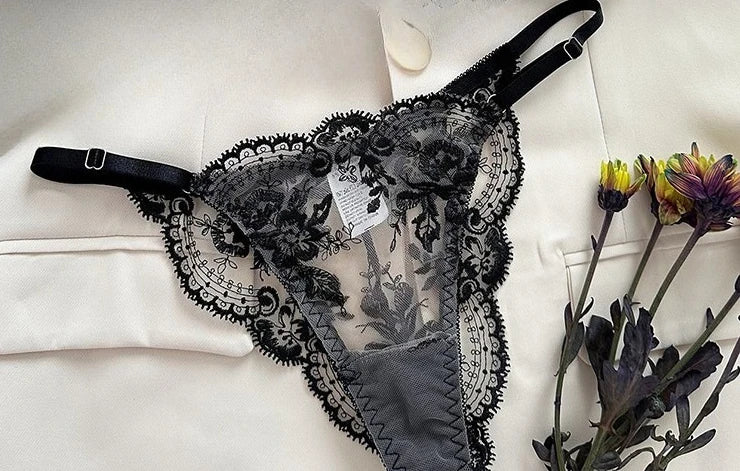 Floral Embroidery Transparent Lingerie Underwire Gather Ultra Thin Cup Sheer Bra Brief Set Pure Desire Women Intimate Nightwear