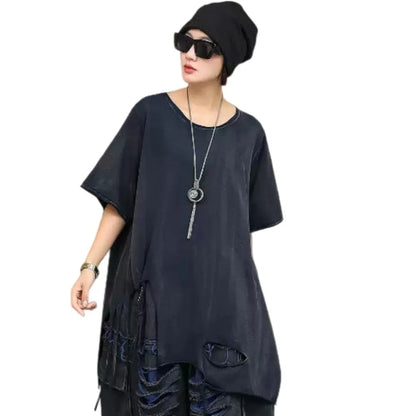 Trendy Cool Fashion Top Women Distressed Asymmetrical Mid-length T-shirt Loose LX5861