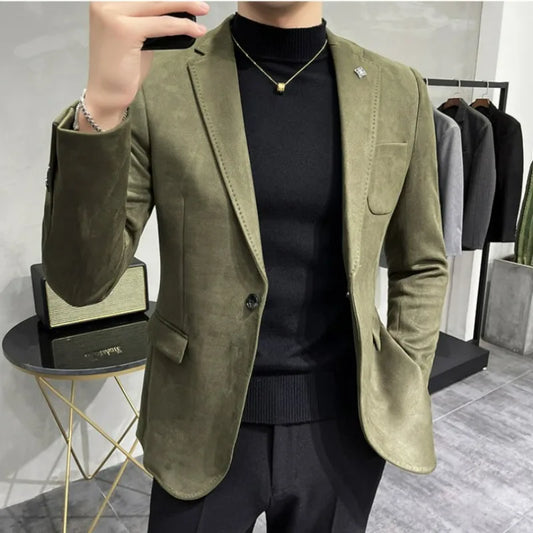 KIDWHXR Men's Fleece Jacket Suit Coat Blazer Men's Business Leisure Slim Fit Brand Fashion High Quality Single Button Suit Coat
