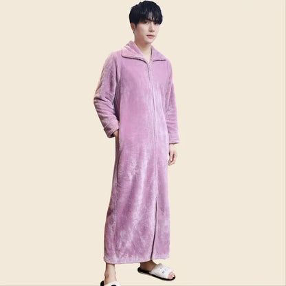 2025 New Flannel Zipper Nightgown Men Women Double-sided Thicken Flannel Pajamas Solid Color Couples One-piece Home Sleeprobe