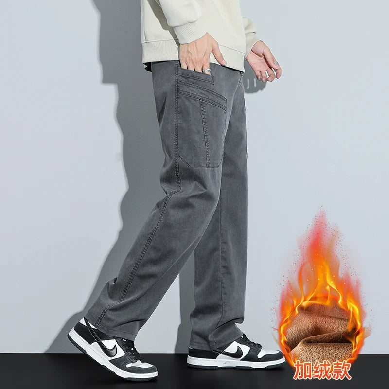 Men's Lyocell Multi Pocket Fleece Lined Wide Leg Cargo Pants 2025 Autumn Winter High Quality Warm Casual Long Pants Plus Size 38