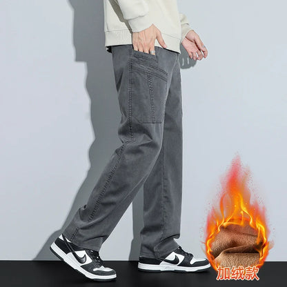 Men's Lyocell Multi Pocket Fleece Lined Wide Leg Cargo Pants 2025 Autumn Winter High Quality Warm Casual Long Pants Plus Size 38