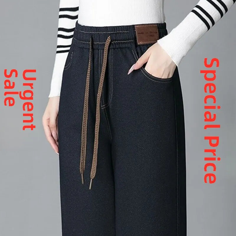 High Waist Fleece Lined Thick Wide Leg Jeans Women's Casual Straight Leg Pants Autumn Winter Loose Fit Comfortable Trousers