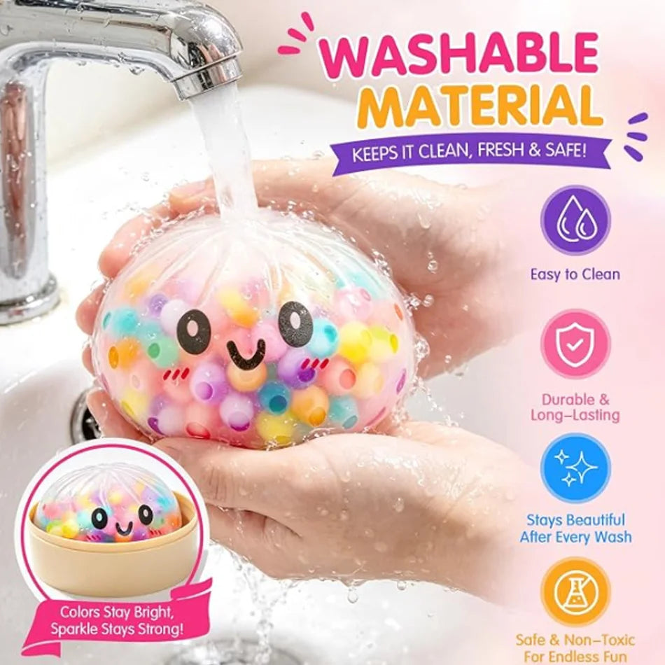 Rainbow Dumpling Squishy with Bead Sensory Squeeze Toy for Stress Relief with Bamboo Steamer Funny Gift