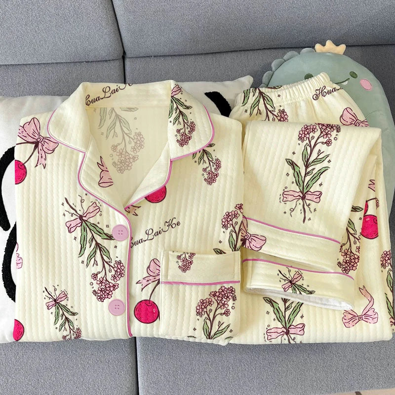 Thickened Air Cotton Sleepwear Set for Women Lazy Bear Cartoon Design Long Sleeve Long Pants Home Clothes Autumn Winter