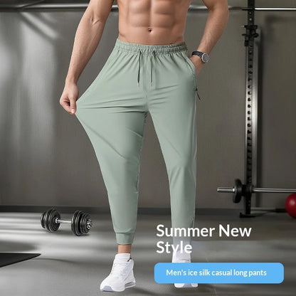 Men's Ice Silk Quick-Dry Pants Summer Lightweight Breathable Joggers with Zipper Pockets Elastic Waist Casual Sports Trousers fo