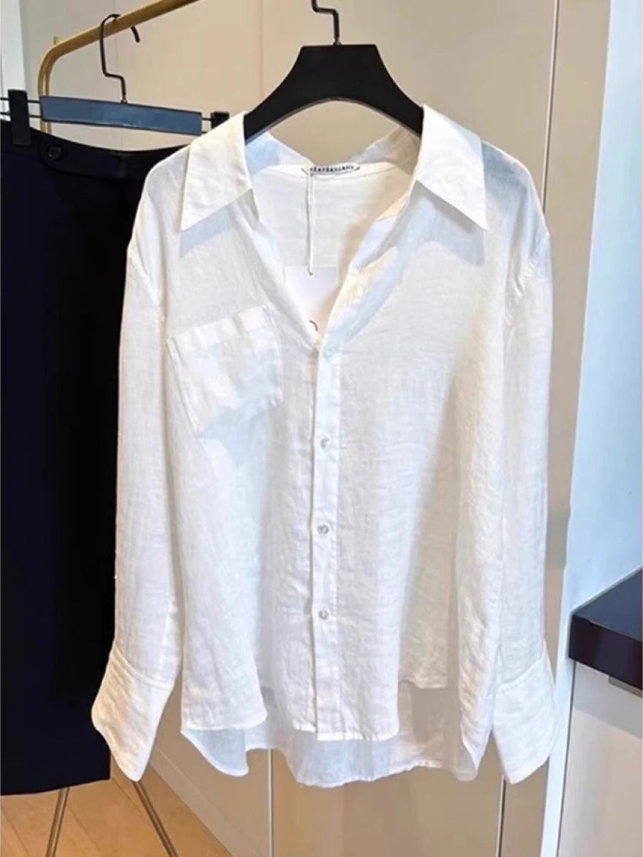 White Linen Cotton Blend Long Sleeve Shirt Women Summer Thin Loose Style Sun Protection Top Casual Commute Fashion  Collar