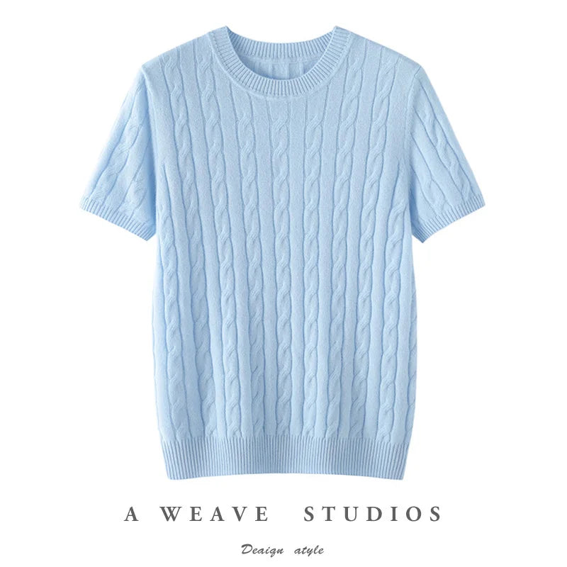 100% Pure Cashmere Fried Dough Twists Round Neck Solid Short Sleeve Women's High Quality Luxury Pullover Sweater Spring Autumn