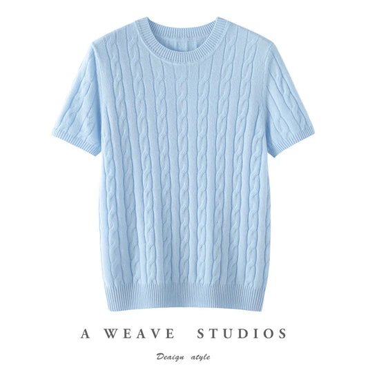 100% Pure Cashmere Fried Dough Twists Round Neck Solid Short Sleeve Women's High Quality Luxury Pullover Sweater Spring Autumn