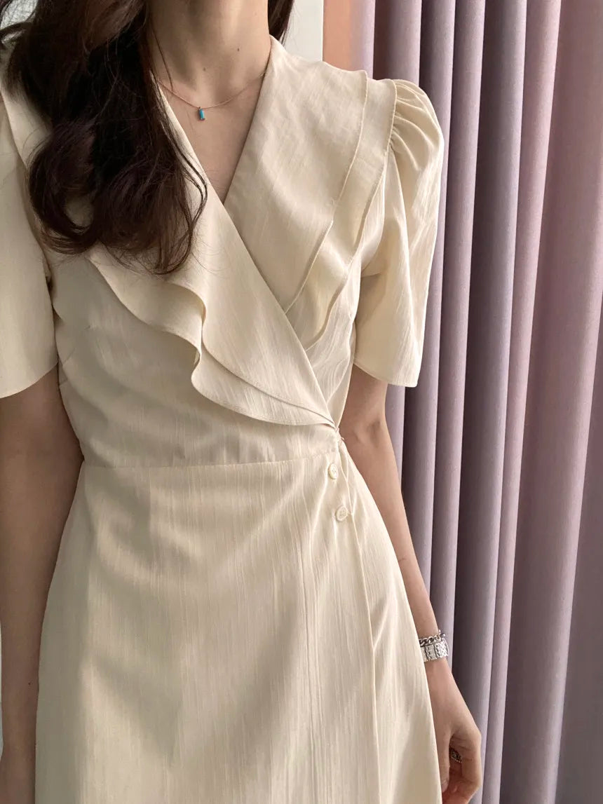 Retro Double Layered Collar Bubble Sleeve  Dress Elegant Short Sleeve V Neck Summer Casual Women's Dress