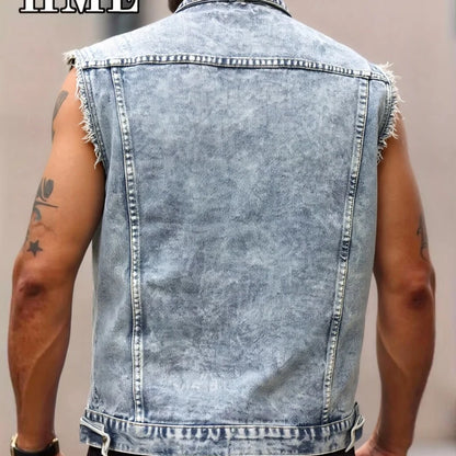 American Streetwear Men's Frayed Denim Vest Vintage Washed Turn Down Collar Sleeveless Jean Jacket Spring Summer