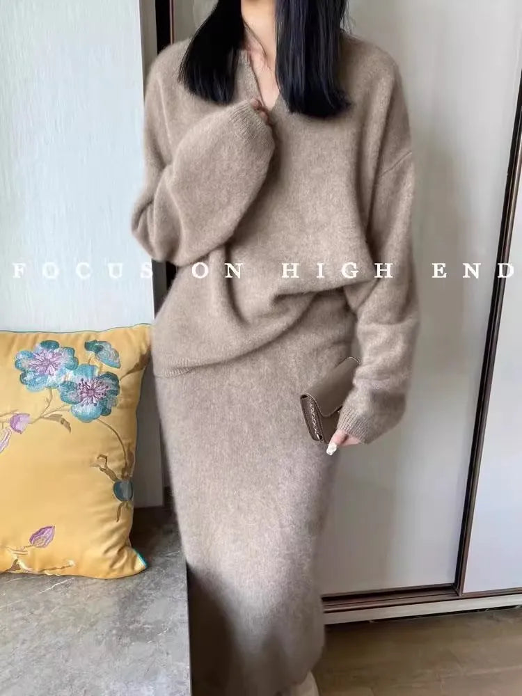 100% cashmere suit a solid-color POLO collar loose sweater and a mid-length skirt a two-piece set
