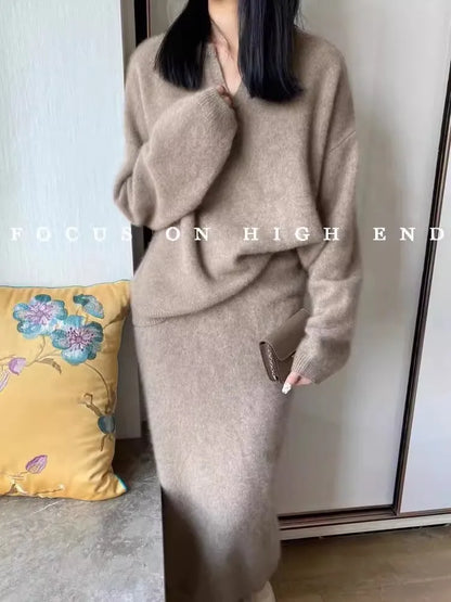100% cashmere suit a solid-color POLO collar loose sweater and a mid-length skirt a two-piece set