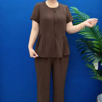 Summer 2026 Fashionable Mommy Set Women's Loose Belly Covering Slimming Two-Piece Suit High-End  Color Casual Wear