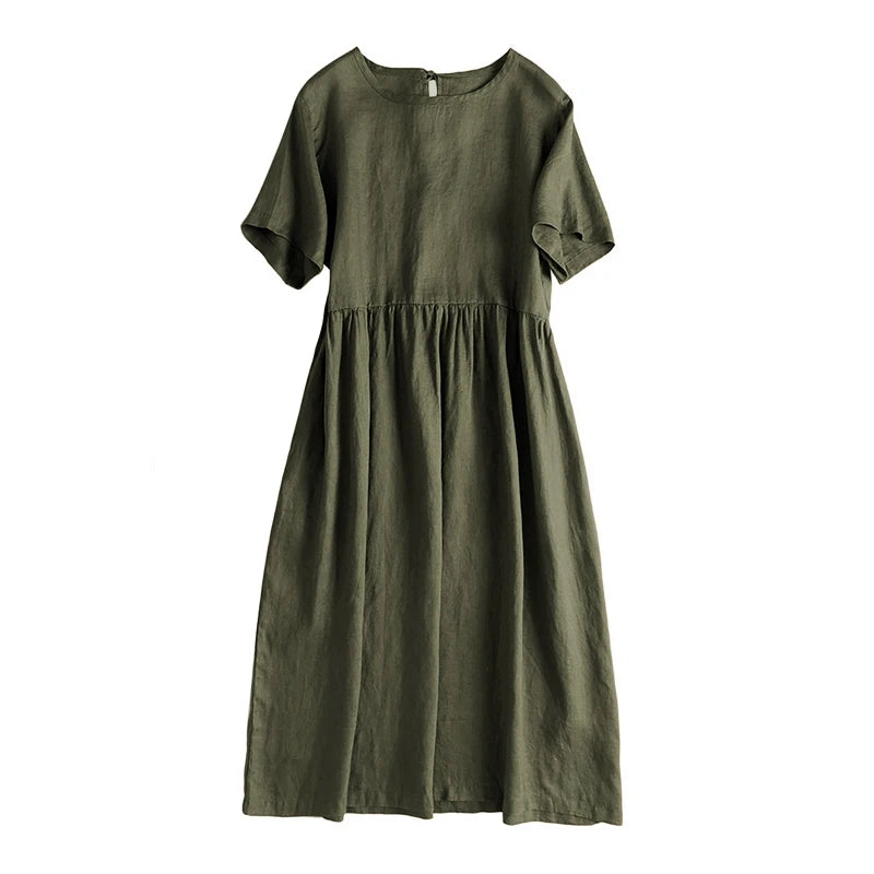 Summer Cotton Linen Women Dresses Vintage Short Sleeve Casual Loose Back Bandage Harajuku Party Club Dress With Pockets