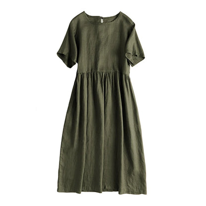Summer Cotton Linen Women Dresses Vintage Short Sleeve Casual Loose Back Bandage Harajuku Party Club Dress With Pockets