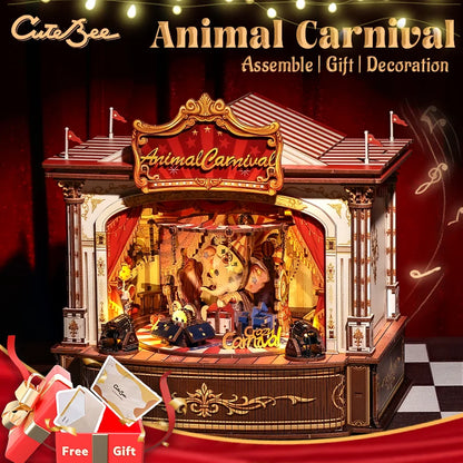 CUTEBEE DIY Miniature House Kit Wooden Music Box Handmade Dollhouse Animal Carnival  for Bookshelf Insert Home Decoration