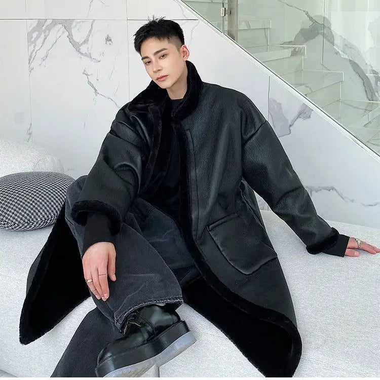 New Faux Fur-Lined Trendy Warm Winter Men's Coat Faux Fur Jacket  Fleece Lining Thickened Long Trench Coat Faux Leather Jacket