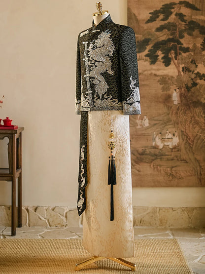 Elegant Long Sleeve Dragon And Phoenix Embroidery Wedding Dress for Men Traditional Chinese Style Stand Collar New Couple Clo...