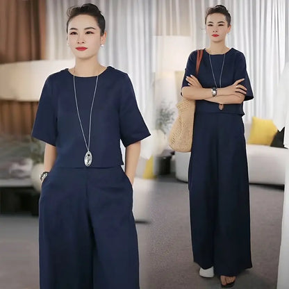 Elegant Fashionable Linen Wide Leg Pants Set Women's Summer New Design Unique Two Piece Suit Casual Commute Style round Neck