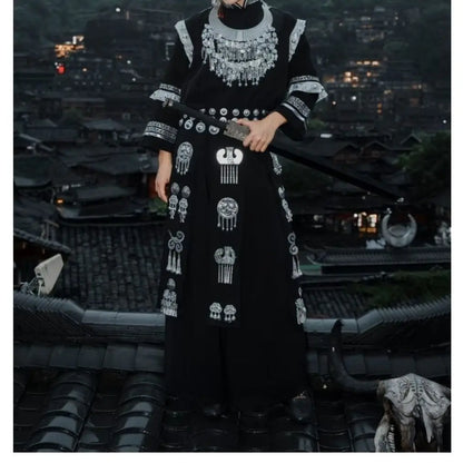 New Men's Ethnic Miao Ethnicity Clothing Set Photography Portrait Photography Long Sleeve Loose Fit round Neck Single Button