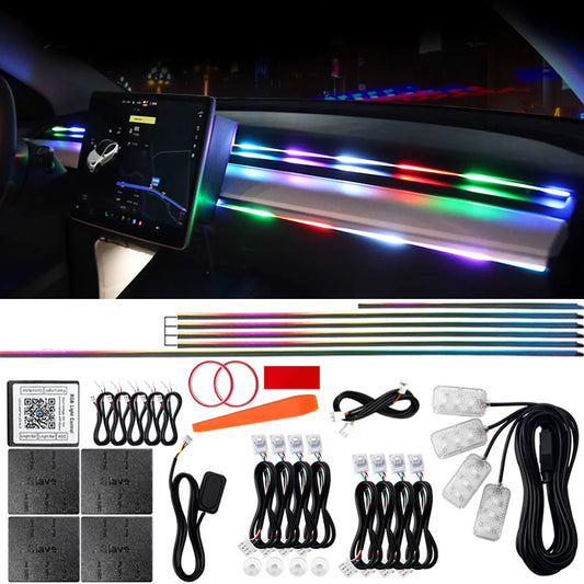 New LED Ambient Light Symphony RGB 64 Color Car Interior Hidden Acrylic Strip Decoration Atmosphere Lamp For Tesla BMW Audi etc.