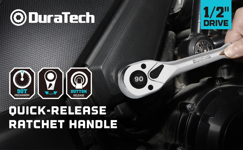 DURATECH 1/2"Dr. 90-Tooth Quick-release Ratchet Handle Reversible Drive Ratchet Wrench Full Polished Home DIY Hand Tools