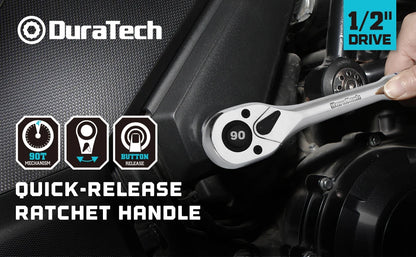 DURATECH 1/2"Dr. 90-Tooth Quick-release Ratchet Handle Reversible Drive Ratchet Wrench Full Polished Home DIY Hand Tools