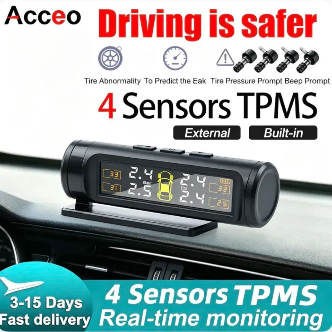 Acceo TPMS Car Tire Pressure Monitoring System 4 Sensors Wireless Real-Time Pressure & Temperature Safety Alarm Monitor