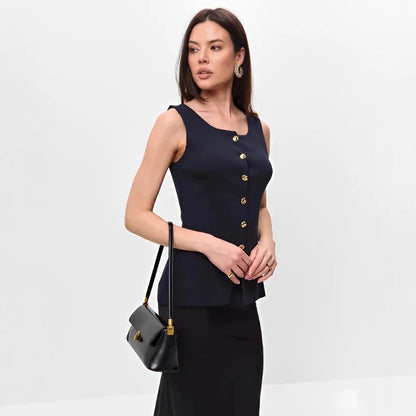 New Women's Tank Top Clothes Women's Fashion Gold Button Embellished Knit Undershirt