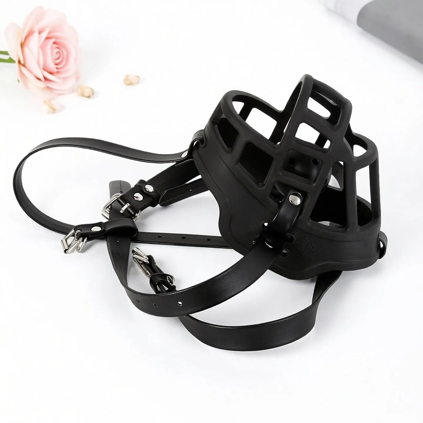 Adult Games Black Leather Harness with Cage-Style Ball Gag, Heavy-Duty Restraint Accessory for Sex Toy