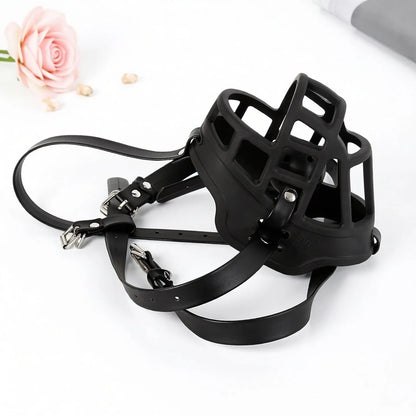 Adult Games Black Leather Harness with Cage-Style Ball Gag, Heavy-Duty Restraint Accessory for Sex Toy