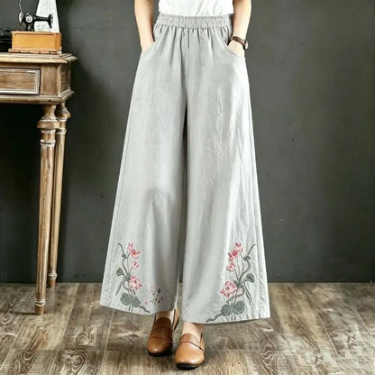 High-End Retro Embroidered Cotton Linen Wide Leg Pants Women Summer Lightweight Breathable High Waist Slimming Casual Travel