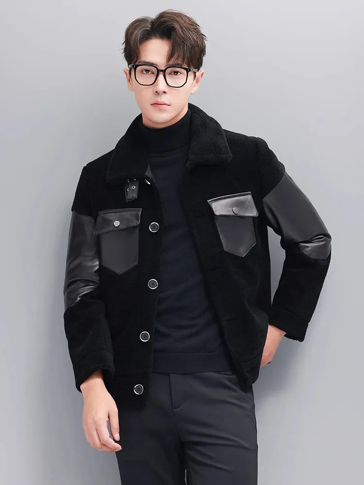 Mens Winter Real Sheep Fur Jacket Lapel Collar Single Breasted Business Work Warm Padded Coat Spliced Real Sheepskin Jacket 5XL