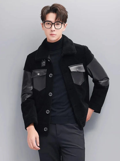 Mens Winter Real Sheep Fur Jacket Lapel Collar Single Breasted Business Work Warm Padded Coat Spliced Real Sheepskin Jacket 5XL