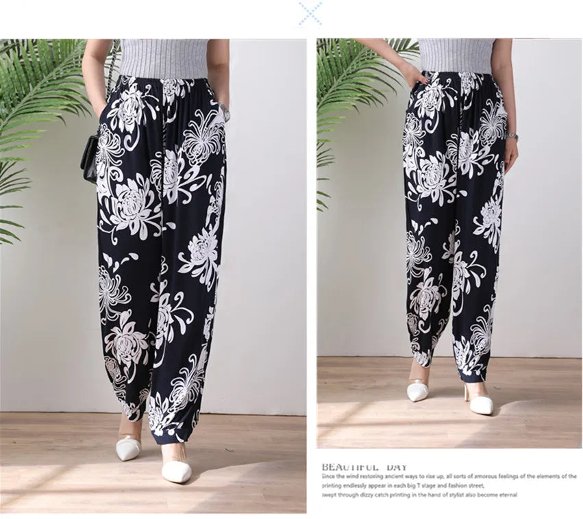 High Waist Lantern Pants Casual Cotton Silk Large Size Printed Long Trousers for Middle-Aged And Elderly Women