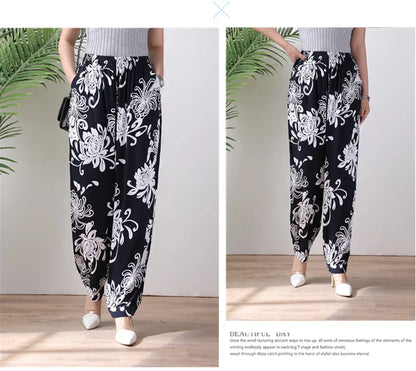 High Waist Lantern Pants Casual Cotton Silk Large Size Printed Long Trousers for Middle-Aged And Elderly Women