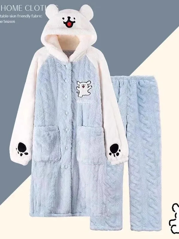Thickened Coral Fleece Sleep Robe for Women Winter Home Clothes Couples Pajamas Cute Warm Long Cartoon Patterned Robe