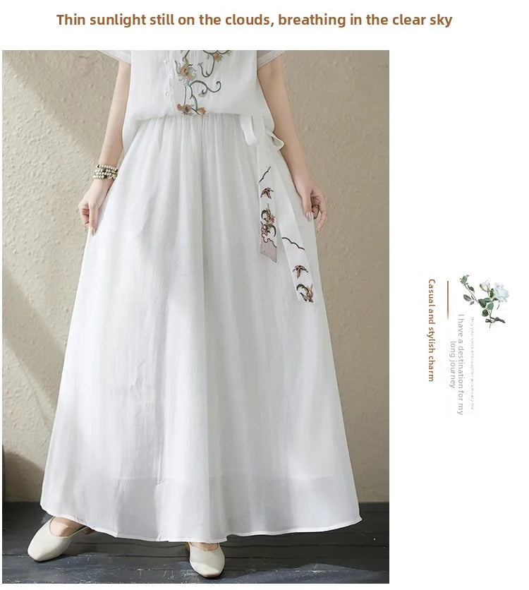 New National Style Heavy Embroidery  Set Women Summer Loose plus Size Fringed Wide Leg Pants Skirt Slimming Two Piece Set