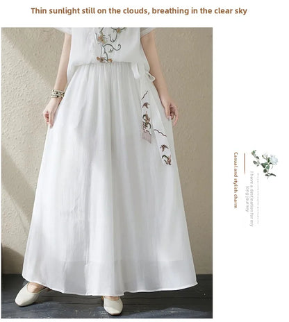 New National Style Heavy Embroidery  Set Women Summer Loose plus Size Fringed Wide Leg Pants Skirt Slimming Two Piece Set